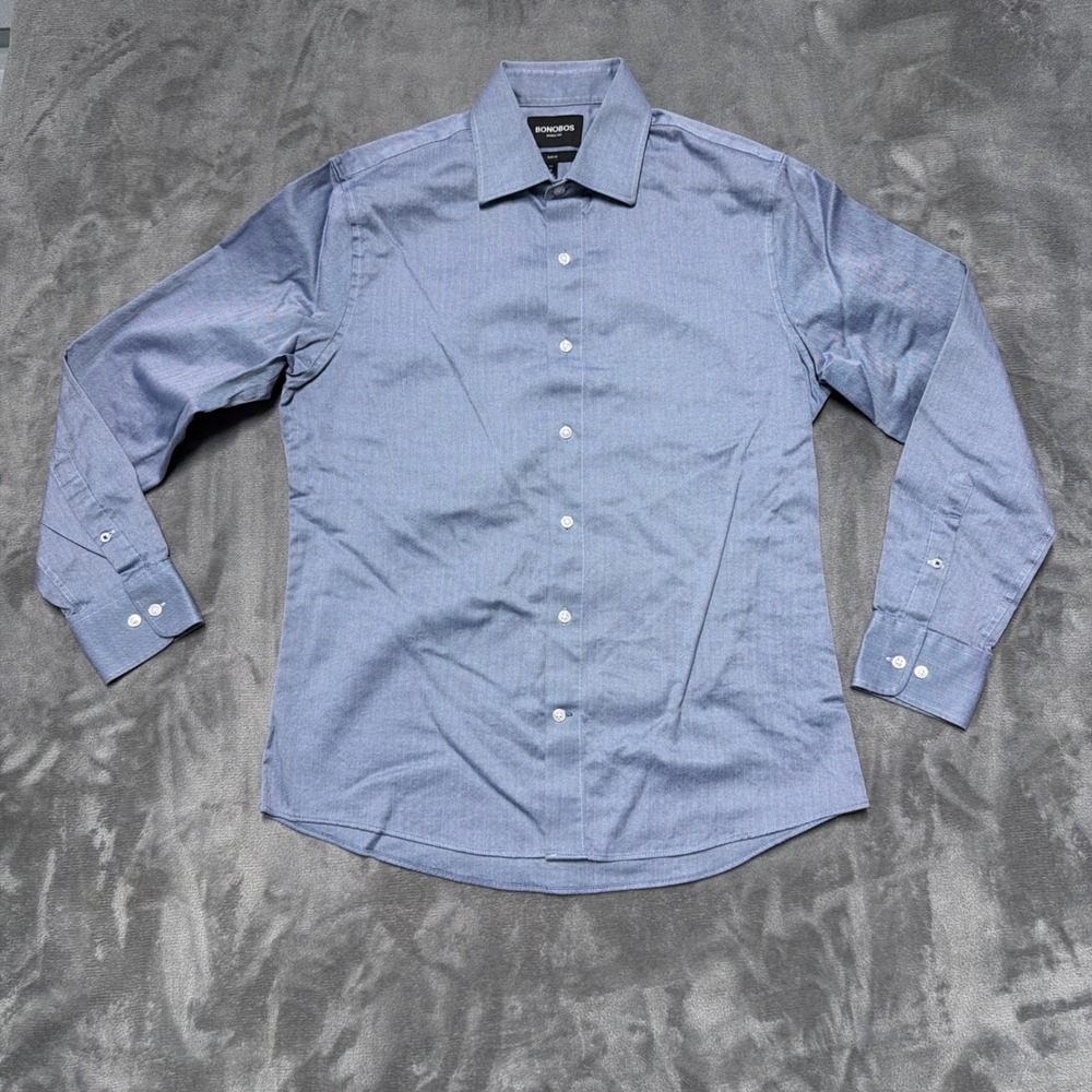 Bonobos Herringbone Dress Shirt Mens Medium Blue Slim Fit Wrinkle-Free Business
